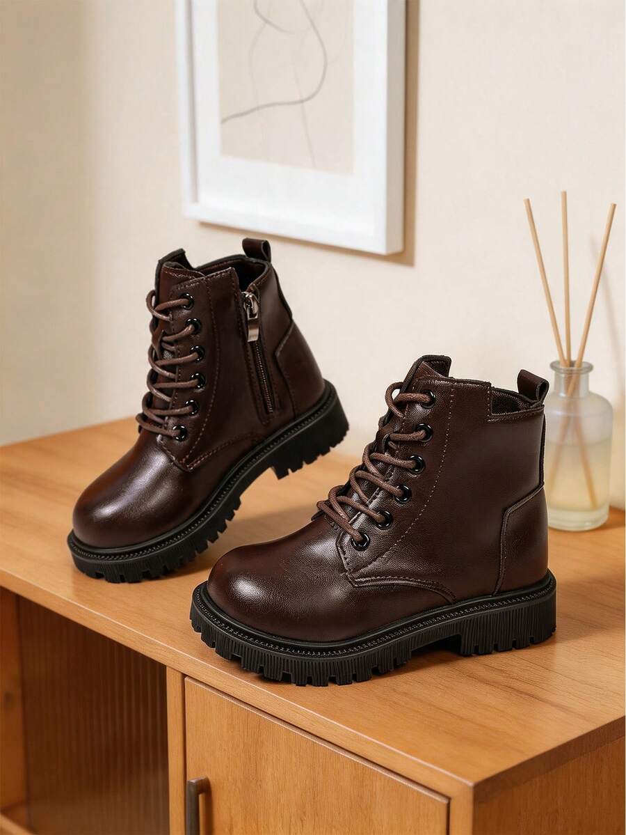 1 Pair Caramel Brown Work Boots, Side Zipper With Back Cutout, Matte ...