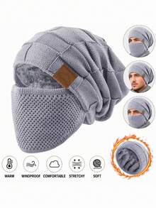 1 buah Balaclava Rajut Kabel Berlapisan Termal Unisex, Topi Pelindung Wajah Penuh Musim Dingin Lembut Elastis Tahan Angin dengan Dekorasi Patch Kulit - MultiWarna - View 8
