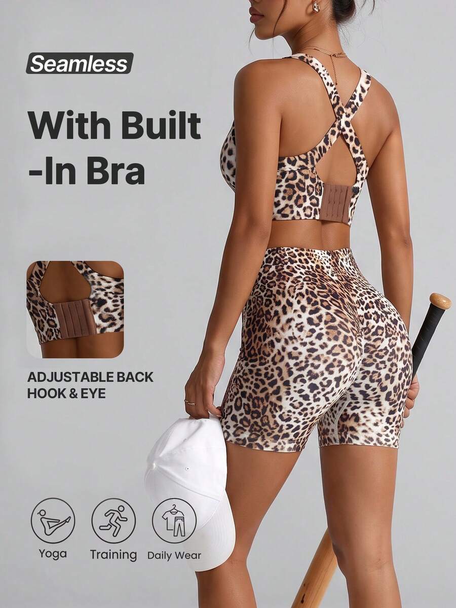 Women's 2 Pieces Leopard Print Fitness Set, Cross-Back Adjustable Hook-And-Eye Sports Bra + Seamless Leopard Print Shorts, Workout Training Pilates Yoga Outfit