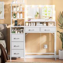 Vanity Desk With Mirror And Lights, 3 Color Modes With Adjustable Brightness, 5 Spacious Fabric Drawers & Open Storage Shelves, Modern Makeup Vanity Table For Bedroom - View 2
