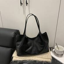 PU Handbag For Women, Solid Color Versatile Large Capacity Tote Bag, Makeup Bag, Mommy Bag, Birthday Gift, Holiday Gift, Versatile Bag - Black - View 10