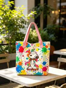 可愛 Snoopy 塗鴉潑墨印花帆布托特包，大容量休閒單肩手提包，時尚卡通購物袋，適合女性學生通勤旅行禮物 - D - 查看 2