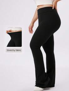 NcmRyu Women's 1pc Plus Size Solid Color Elastic High Waist Flare Pants, Autumn/Winter - Black - View 1