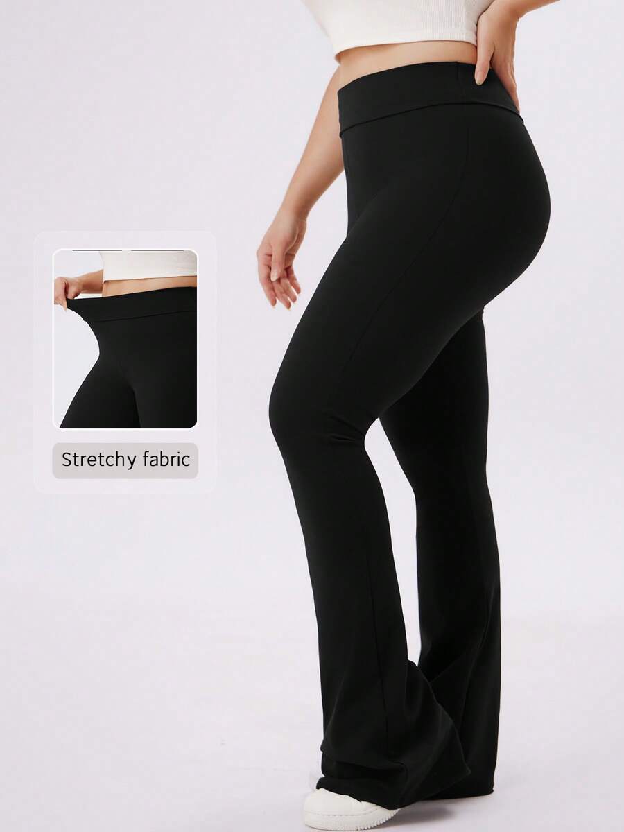 NcmRyu Women's 1pc Plus Size Solid Color Elastic High Waist Flare Pants, Autumn/Winter - Black - View 1