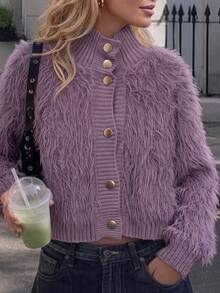 Korean-Style Plush Knit Cardigan – Soft Faux Fur Sweater For Autumn/Winter, Decorated With Fan-Shaped Lace And Pearl Buttons, Comfortable High-Neck Outerwear, Versatile For Daily Wear - Purple - View 1