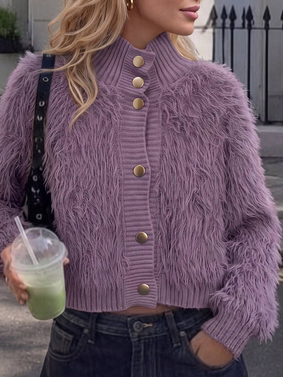 Korean-Style Plush Knit Cardigan – Soft Faux Fur Sweater For Autumn/Winter, Decorated With Fan-Shaped Lace And Pearl Buttons, Comfortable High-Neck Outerwear, Versatile For Daily Wear - Purple - View 1