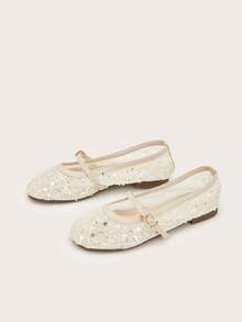 Women's Blue Shiny Lace Mesh Ballet Buckle Flat Sandals - White - View 5