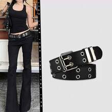 1 chiếc thắt lưng trang trí quần jean denim nam phong cách punk màu bạc, khóa vuông, hai lỗ xỏ - màu đen - Xem 2