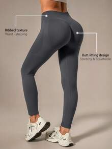 NcmRyu Women's Ono Pc Seamless Ribbed Solid Color High Waist Elastic Slim Fit Leggings Spring - Dark Grey - View 5