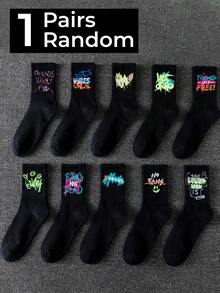 1/5/10 Pairs Men's Random Halloween Minimalist Graffiti Versatile Casual Sports Soft Comfortable Moisture-Wicking Breathable Streetwear Fun Unique Crew Socks Suitable For Any Shoe Style Back To School - Black - View 8