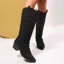 2026 Autumn New Ruched Boots, Women's Mid-Calf Denim Knee-High Boots, Western Style Tall Boots, Pointed Toe Chunky Square Heel Relaxed High-Shaft Boots, Black Disco Party Dress Boots, Suitable For Nightclub Outings - Black - View 5