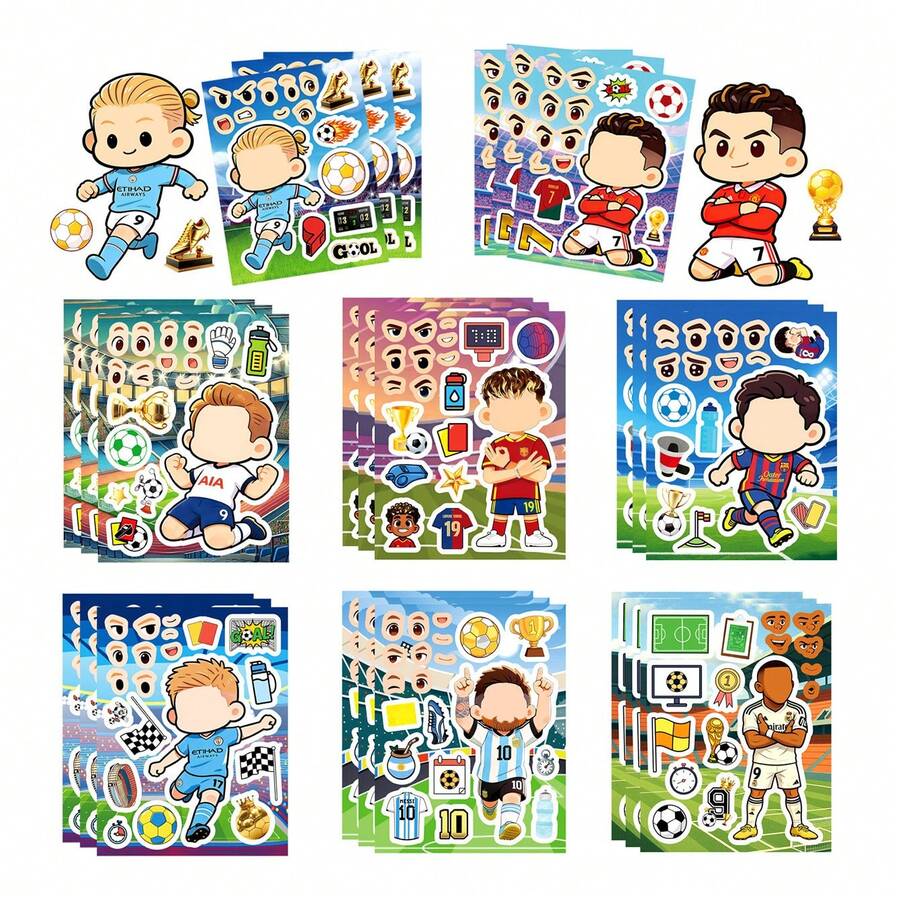 FIFA 8pcs Chibi Football Star DIY Mix & Match Face Sticker Set, Cristiano Ronaldo, Lionel Messi, Erling Haaland, Lamine Yamal And Kylian Mbappé - Multicolor - View 1