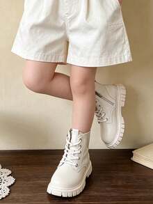 1 Pair Kids Classic Lace-Up Boots With Side Zipper For Easy On/Off, Leather Boots Suitable For Daily Wear, Casual Outings, School Commute, Autumn/Winter - Beige - View 4