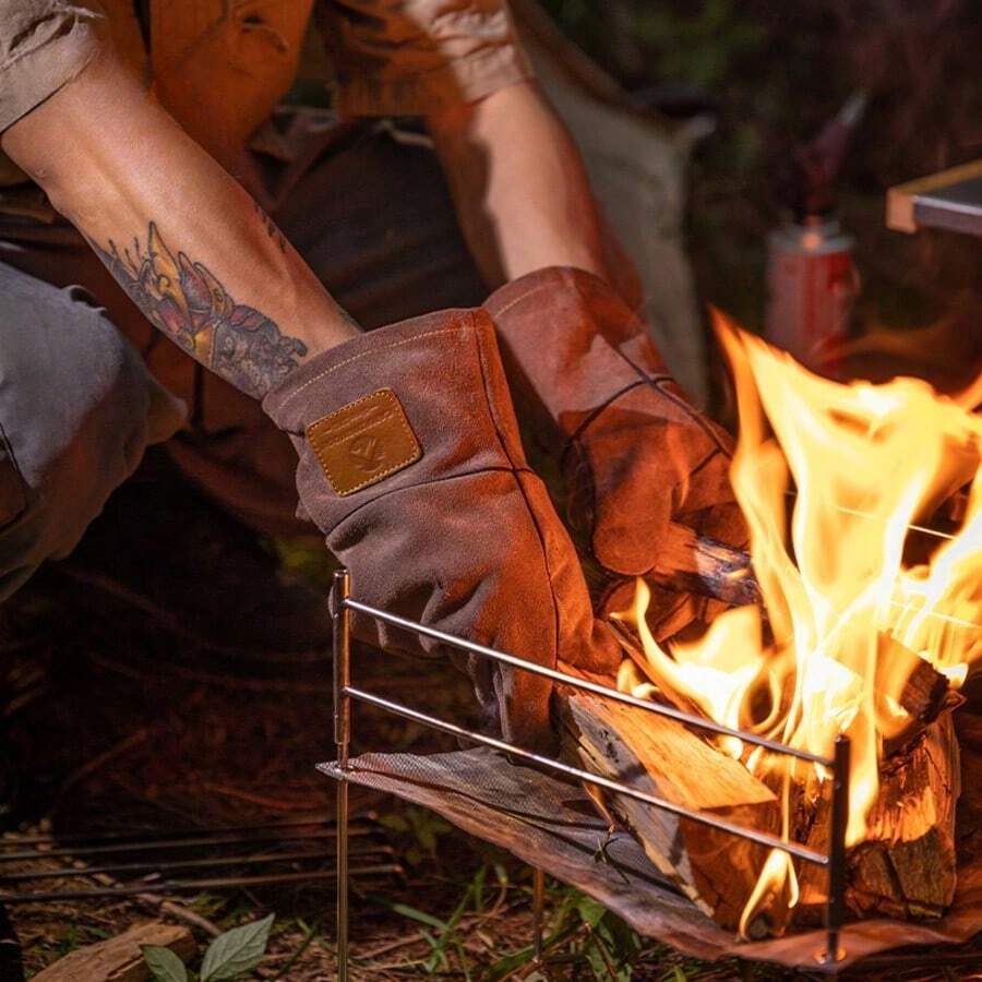 CAMPINGMOON Outdoor Camping Flame-Retardant Heat-Insulating Cowhide Double-Layer Detachable Design Fire-Fighting Gloves Outdoor Work Gloves Q28 - Camel - View 1