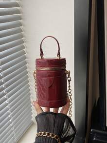 Tas Ember Rantai Kulit Paten Warna Polos Mini, Ukuran Mini, Bisa Digenggam & Diselempangkan, Tas Kosmetik, Tempat Lipstik - Burgundy - View 11