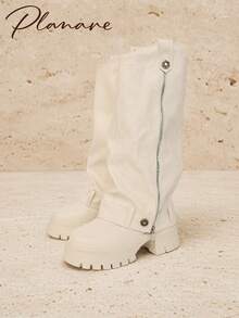 planare New Women's Fashion Minimalist Autumn/Winter Ruched Design Beige High-Top Boots With Metal Buckle Decor, Side Zipper, Thick Sole, Chunky Heel, Loose Leg Opening, Motorcycle Rider Long Boots - Beige - View 3