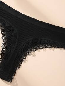 9pcs Black Lace Patchwork Ribbed Cotton Sexy Women's Thong - Black - View 7