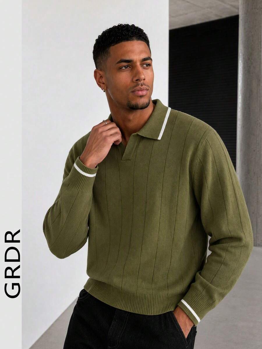 GRDR Men's Airplane Collar Pullover Sweater, Autumn/Winter Turn-Down Collar Knit Top - Army Green - View 1