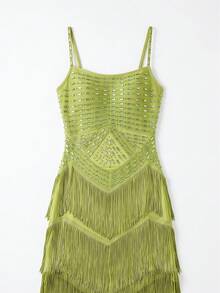 Modphy Women's Elegant Green Spaghetti Strap Sleeveless Maxi Dress, Heavy Rhinestone Embellished Tassel Fitted Evening Gown, Suitable For Wedding Banquet Cocktail Party - Green - View 10