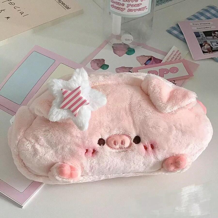 Ins Pink Pig Pencil Case, Cute Plush Makeup Bag, Large Capacity Stationery Storage Bag For Students - Little Mouse - View 1
