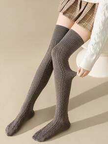 1/2 Pairs Women's Over-The-Knee Socks With Cable Knit Embossed Pattern Design, Wool Blend Thigh-High Socks, Fashionable Versatile High Socks For Autumn/Winter Daily Wear - Multicolor - View 6