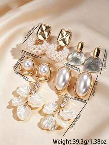 5 Pairs Women's Mixed Dangle Earrings, Faux Pearl Shell Petal Design, Gold Hanging Earrings Suitable For Multiple Occasions - Multicolor - View 6