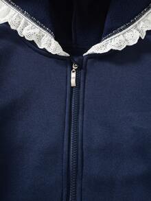 Sweatshirt Hoodie Kasual Fashion Anak Perempuan dengan Hiasan Renda, Jaket Pendek Longgar dengan Resleting, Musim Gugur/Musim Dingin - Navy Blue - View 6