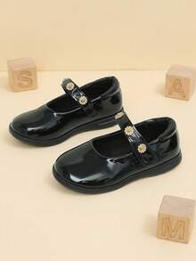 Girls' Black Glossy 3D Rhinestone Flower Mary Jane Shoes, School Style, Suitable For Performances And School Activities - Black - View 3