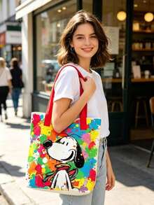 塗鴉 Snoopy 印花帆布托特包，彩色潑墨藝術單肩包，大容量休閒手提包，女款時尚日常購物袋 - B - 查看 7