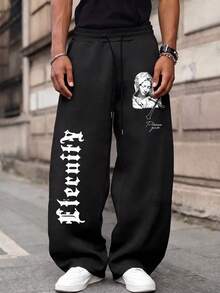 MAISONFOX Men's Black Loose Drawstring Wide Leg Sweatpants, Vertical Gothic Letter & Vintage Portrait Print, Pockets Streetwear Long Pants - Black - View 5