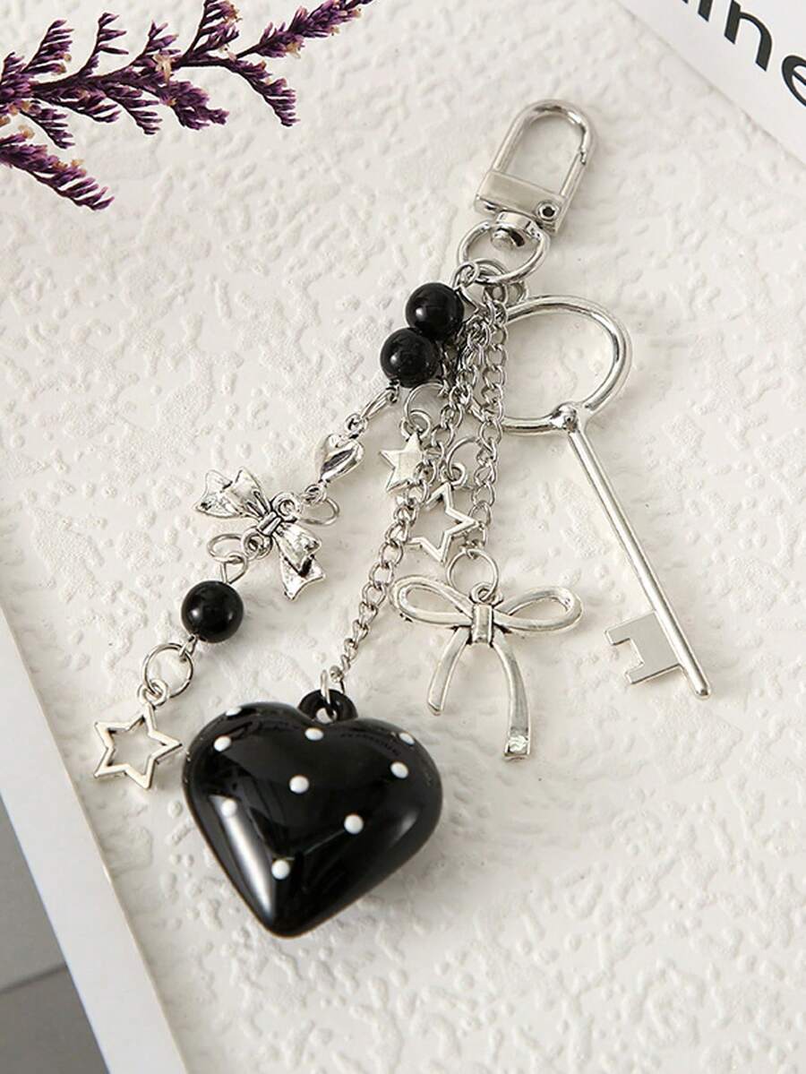 1pc Korean Vintage Bowknot Heart Pendant Keychain Accessory Phone Case Chain Backpack Bag Charm - Multicolor - View 1