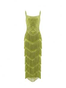 Modphy Women's Elegant Green Spaghetti Strap Sleeveless Maxi Dress, Heavy Rhinestone Embellished Tassel Fitted Evening Gown, Suitable For Wedding Banquet Cocktail Party - Green - View 8