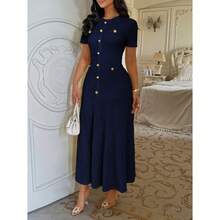 Elegant Temperament Pure Color Short Sleeve Hip Skirt Dress Women's Dress - 藏蓝色 - 查看 2