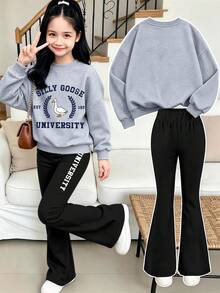 Teen Girls Casual Personalized Print Crew Neck Sweatshirt & Printed Flare Leggings 2pcs Set, Autumn Winter Outfit, Campus Style, Homecoming Look - Grey - View 4