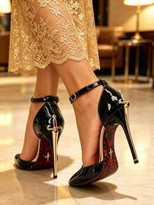 XfxfA 1 Pair Fashionable Women's High Heels With Shiny Metallic Stiletto Heel, Suitable For Date/Banquet/Party Occasions. - Black - View 5