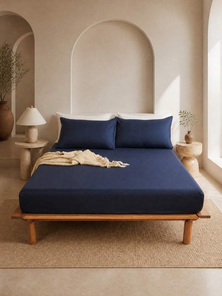 3-Piece Solid Navy Blue Bedding Set, Made Of Brushed Fabric, Includes 1 Fitted Sheet And 2 Pillowcases (Pillow Inserts Not Included), Modern Soft Bedding Set, Suitable For Home, Dorm, Back To School Season And Other Occasions, Deep Pocket Design, Fits Up To 16-Inch Mattress - Navy Blue - View 1