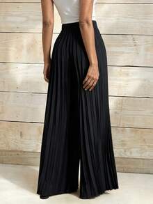 Spring Fall Women Solid Pleated Wide Leg Trousers, Elastic Waist Loose Fit Full‑Length Casual Pants For Daily Outfits Black - Black - View 2
