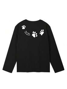 Women's Fashion Autumn/Winter Loose Minimalist Versatile Cat Paw Cartoon Print Long Sleeve T-Shirt - Black - View 6