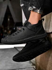 Men's Outdoor Casual Shoes, Wear-Resistant Thick Sole Lace-Up Work Shoes, Convenient Hook And Loop Design, Spring/Autumn New Sports Style Casual Shoes - Black - View 4