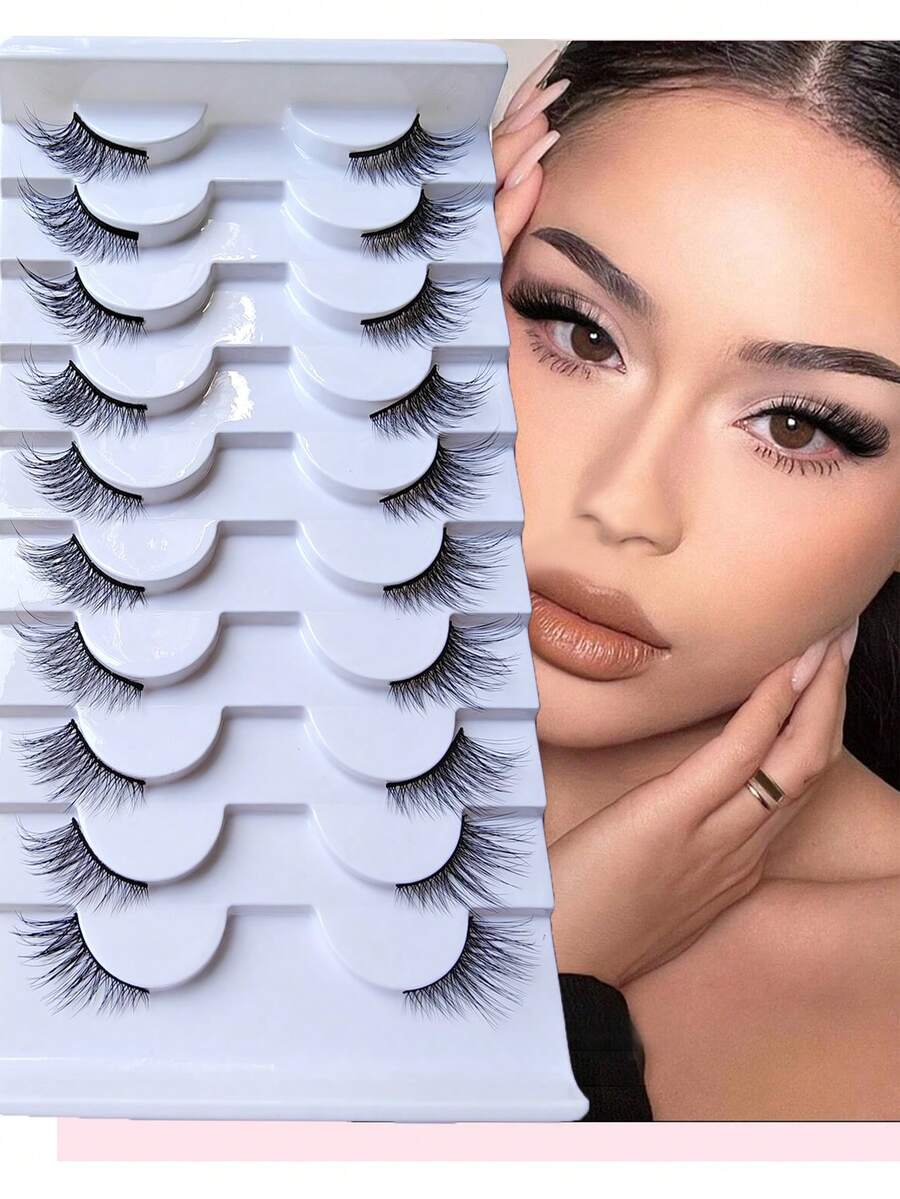 10 Pairs Half Lashes Cat Eye Short Soft 3D Faux Mink False Eyelashes, Natural Look, Suitable For Halloween - View 1