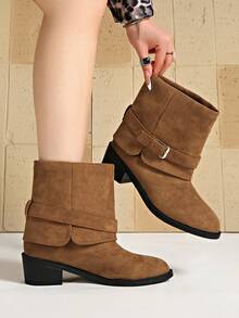 Buckle Strap Suede Mid-Calf Boots, Plus Size Wide Fit Pointed Toe Vintage Casual Women's Ankle Boots - Brownish Yellow - View 2