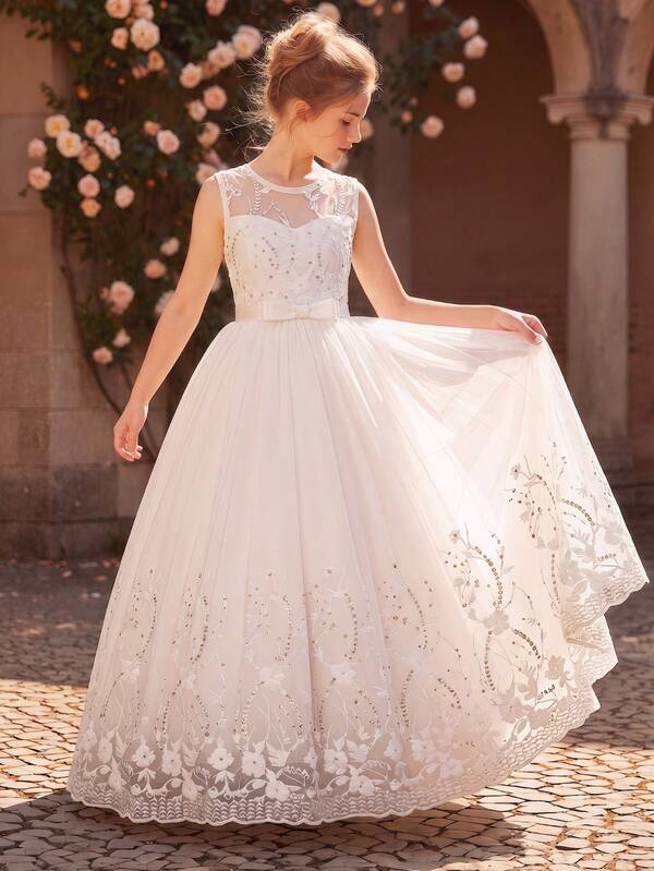 Tween Girl High-End Sequin Embroidered Bow Multilayer Tulle Maxi Dress, Sleeveless, Fashion Pure White Formal Gown For Wedding, Birthday, Party