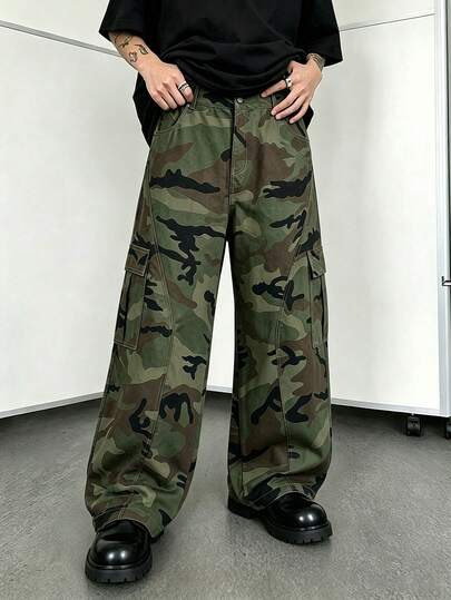 Men's Spring/Autumn Outdoor Casual Camouflage Cargo Curved Leg Pants With Multiple Pockets, Street Style Versatile Wide Leg Long Pants