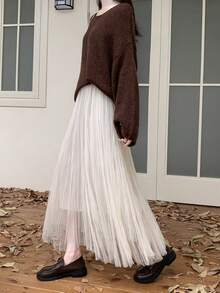 Women's Elegant Knit Double Layer Mesh Flared Maxi Skirt, Pleated Design, Slightly Stretchy, Suitable For Autumn/Winter - Apricot - View 7