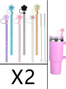 14件替換吸管、6件附刷子吸管蓋，適用於40oz 30oz 20oz 14oz戶外旅行保溫杯，可重複使用亮片吸管附刷子，透明粉色黑色紫色藍色橘色，杯子配件 - 海棠花顏色 - 查看 18
