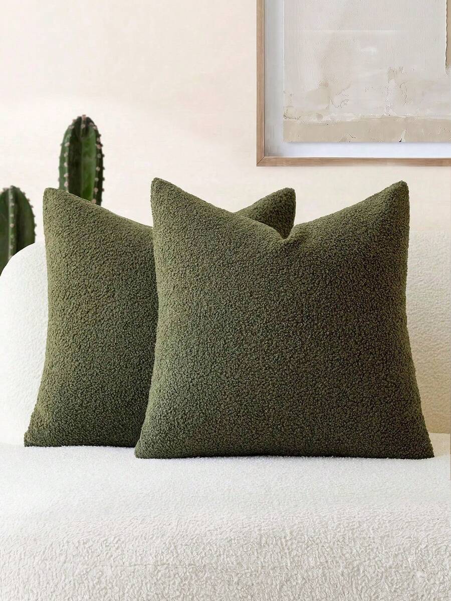 One Olive Green Chenille Fluffy Texture Pillowcase (Without Pillow Insert) Solid Color Chenille Soft Cushion Cover Suitable For Sofa, Bedroom, Bed Decoration, All Seasons Use - Olive Green - View 1