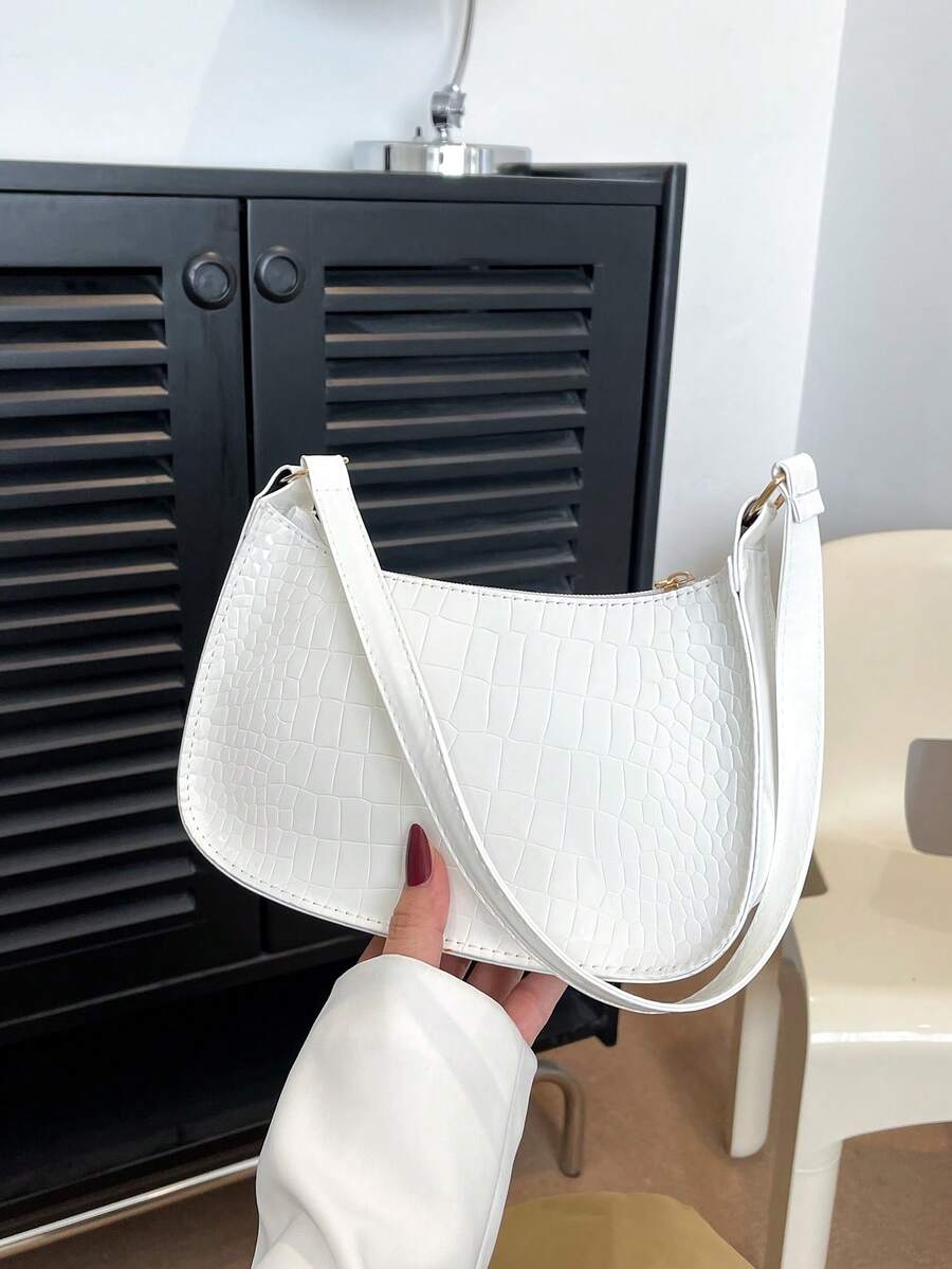 Solid Color Embossed Geometric Shoulder Bag - White - View 1