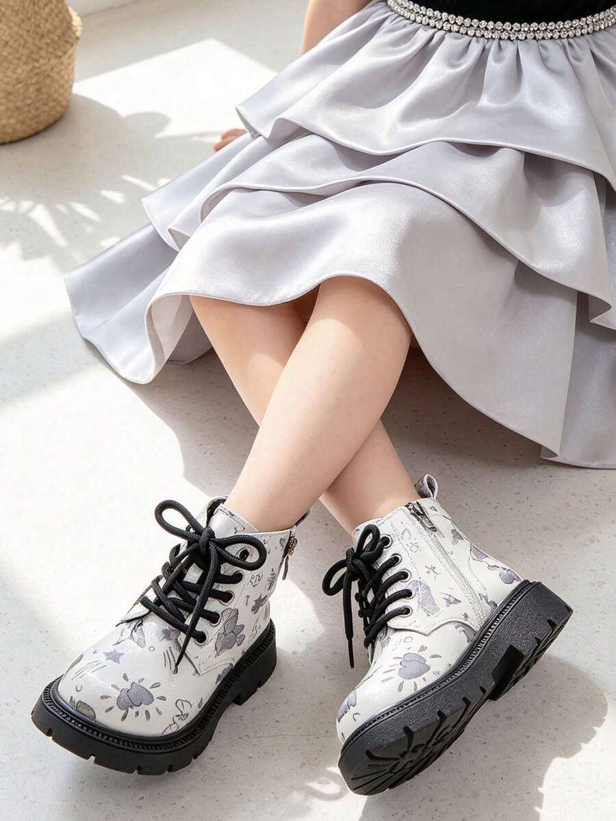 1雙兒童可愛塗鴉圖案靴子,附綁帶與側拉鍊,適合假日派對、日常穿搭、上學通勤,秋冬款 - 灰色 - 查看 1