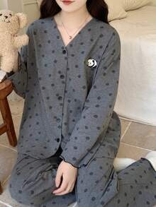 2pcs/Set Women's Pajamas Loungewear Set, V-Neck Cardigan Cute Panda Print Pattern Minimalist Long Sleeve Long Pants, Comfortable Home Style - Grey - View 1