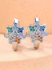 1 Pair Of Exquisite Inlayed Cubic Zirconia Flower-Design Women's Earrings-A Fresh, Eye-Catching Accessory For Everyday Outfits And A Perfect Gift - Silver - View 2
